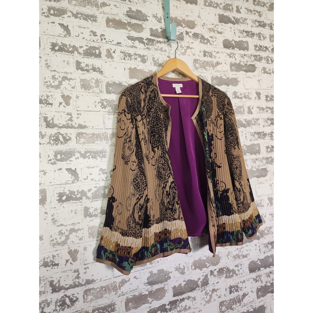 Boho Floral‎ Pleated Cardigan Large Muticolor Abstract Artsy Open Front Jacket - Picture 2 of 16